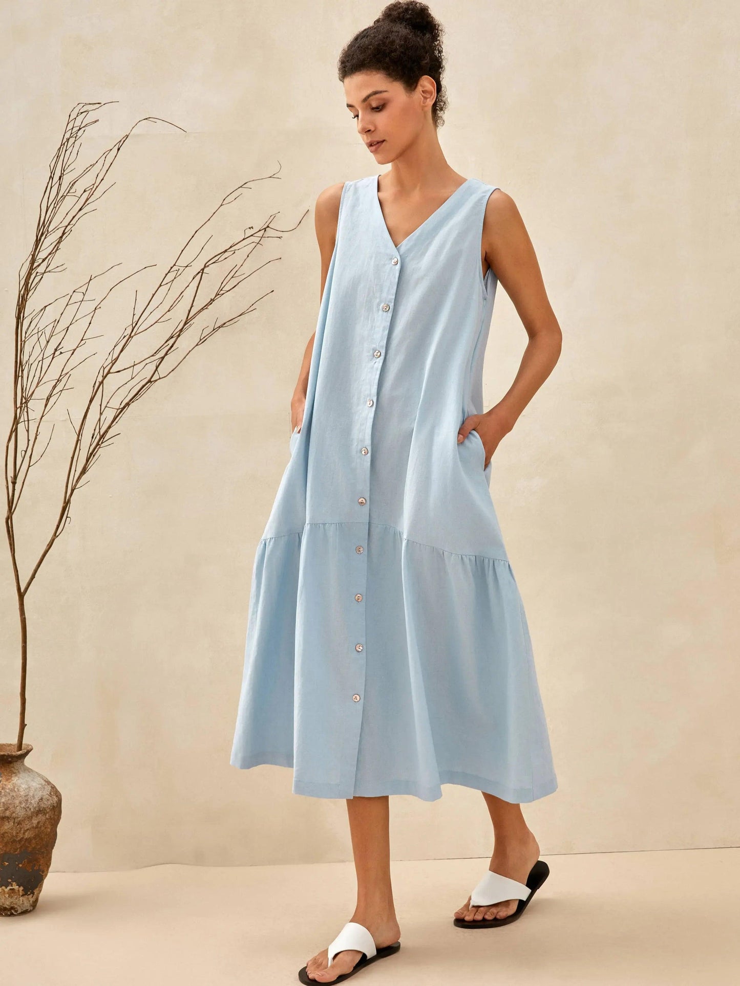 Linen Vacation Gingham Checked Sleeveless V-Neck Mid-Length Dress