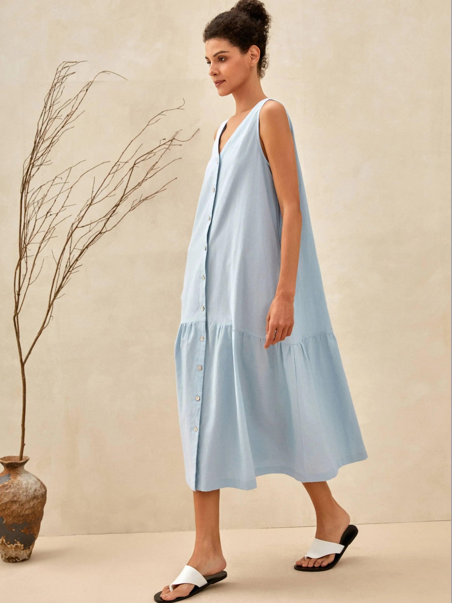 Linen Vacation Gingham Sleeveless V-Neck Mid-Length Dress