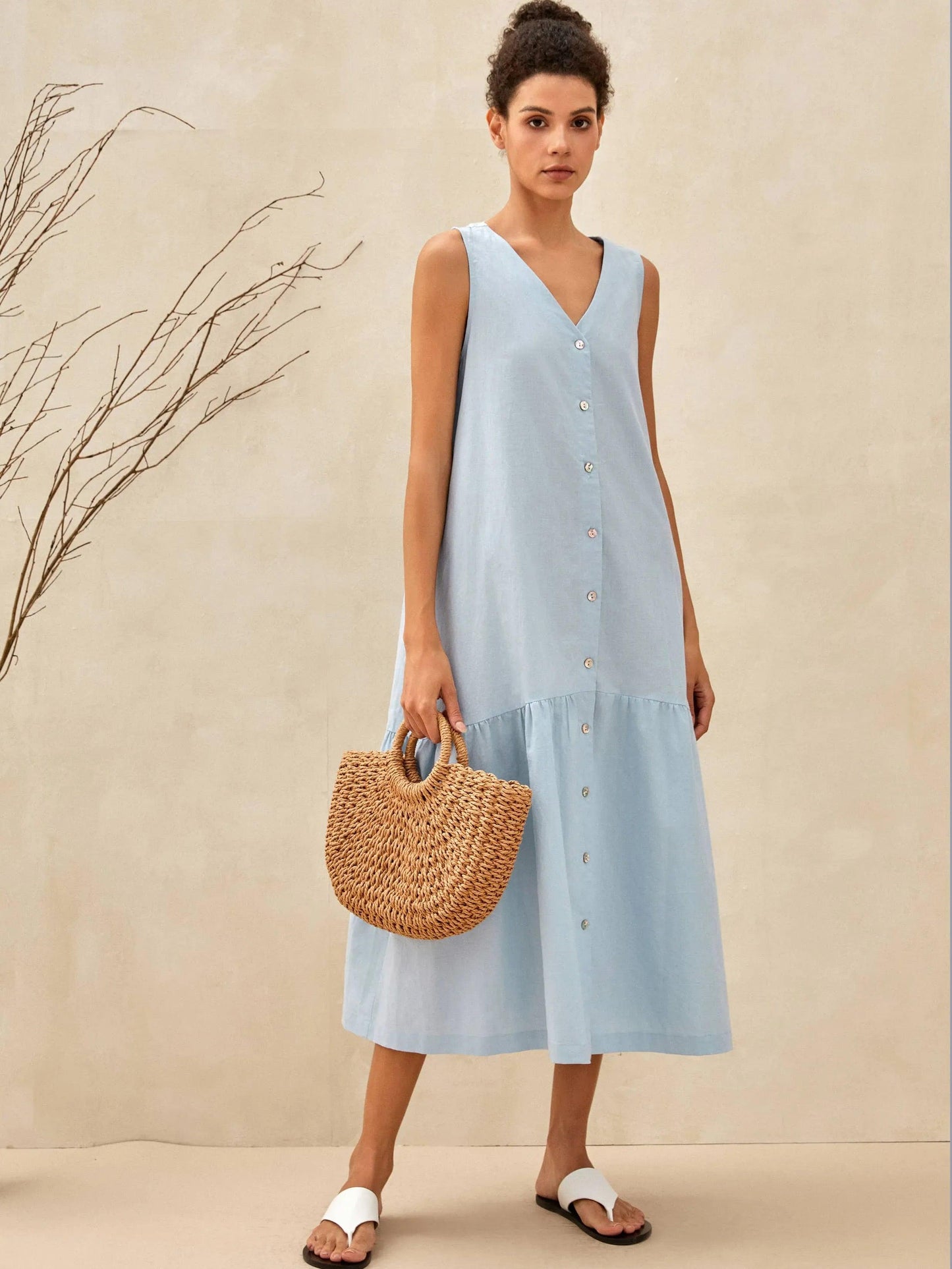 Linen Vacation Gingham Sleeveless V-Neck Mid-Length Dress