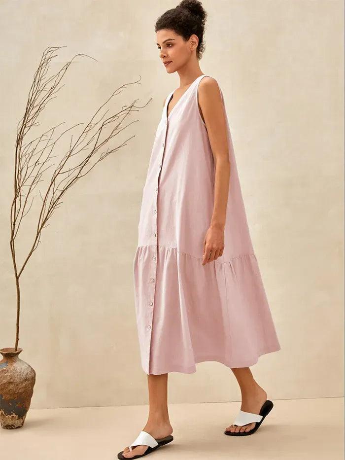 Linen Vacation Gingham Sleeveless V-Neck Mid-Length Dress