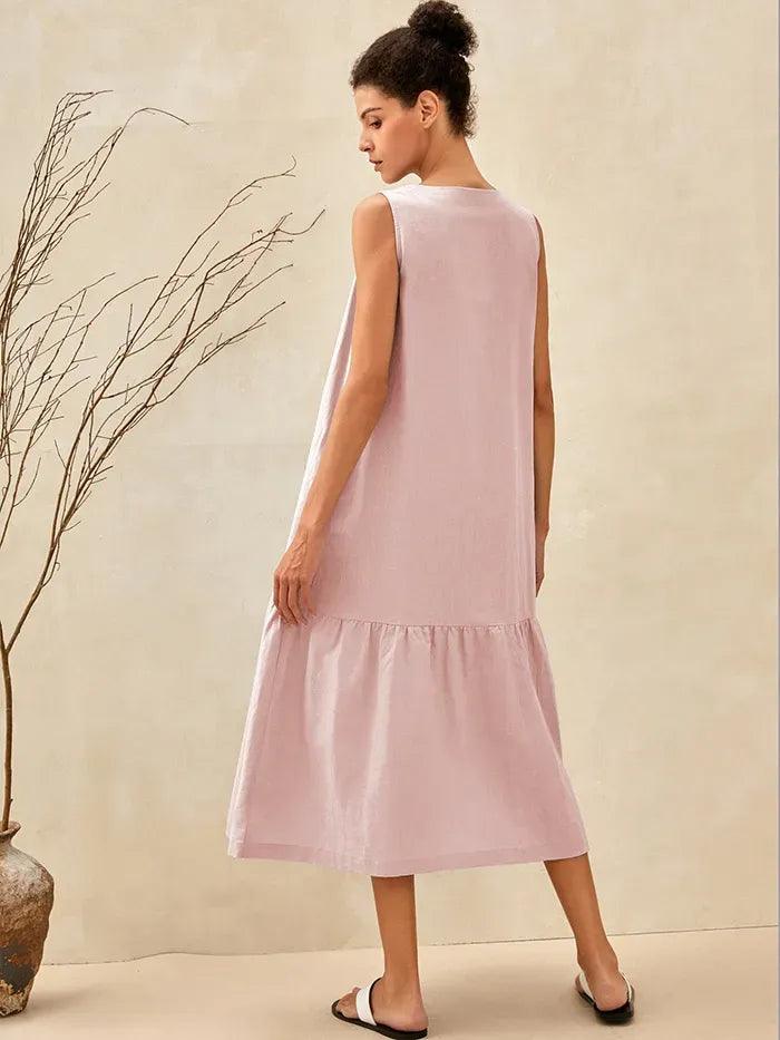 Linen Vacation Gingham Sleeveless V-Neck Mid-Length Dress
