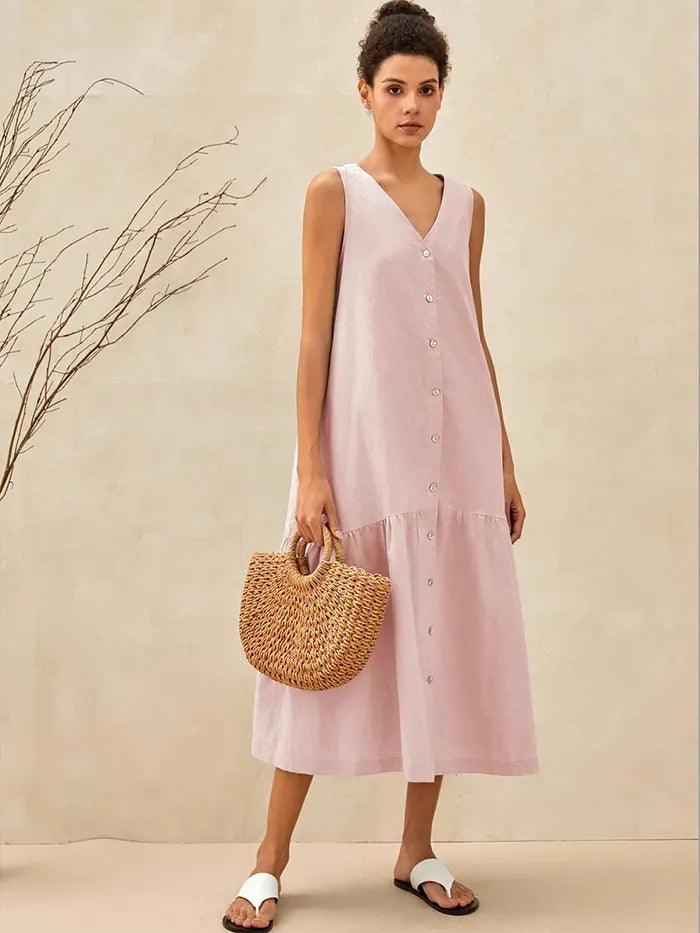 Linen Vacation Gingham Sleeveless V-Neck Mid-Length Dress