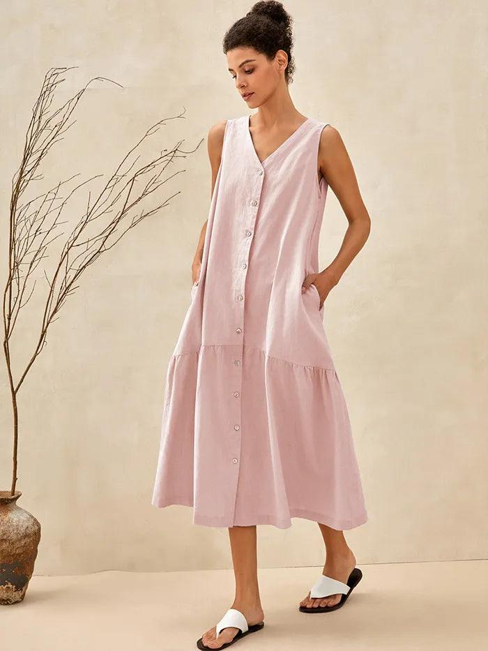 Linen Vacation Sleeveless V-Neck Mid-Length Dress CELINE