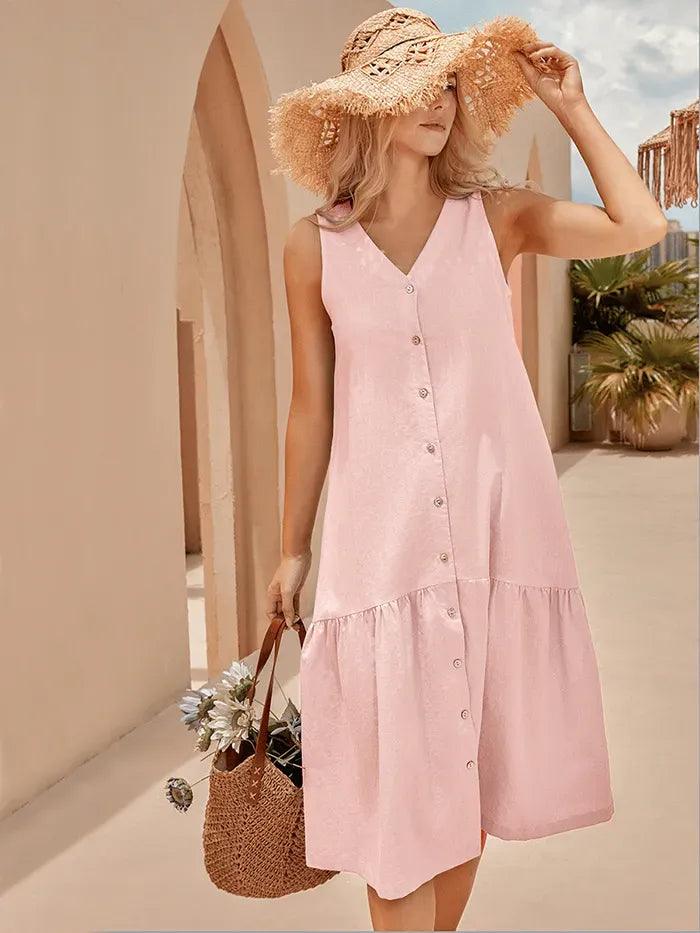 Linen Vacation Gingham Sleeveless V-Neck Mid-Length Dress
