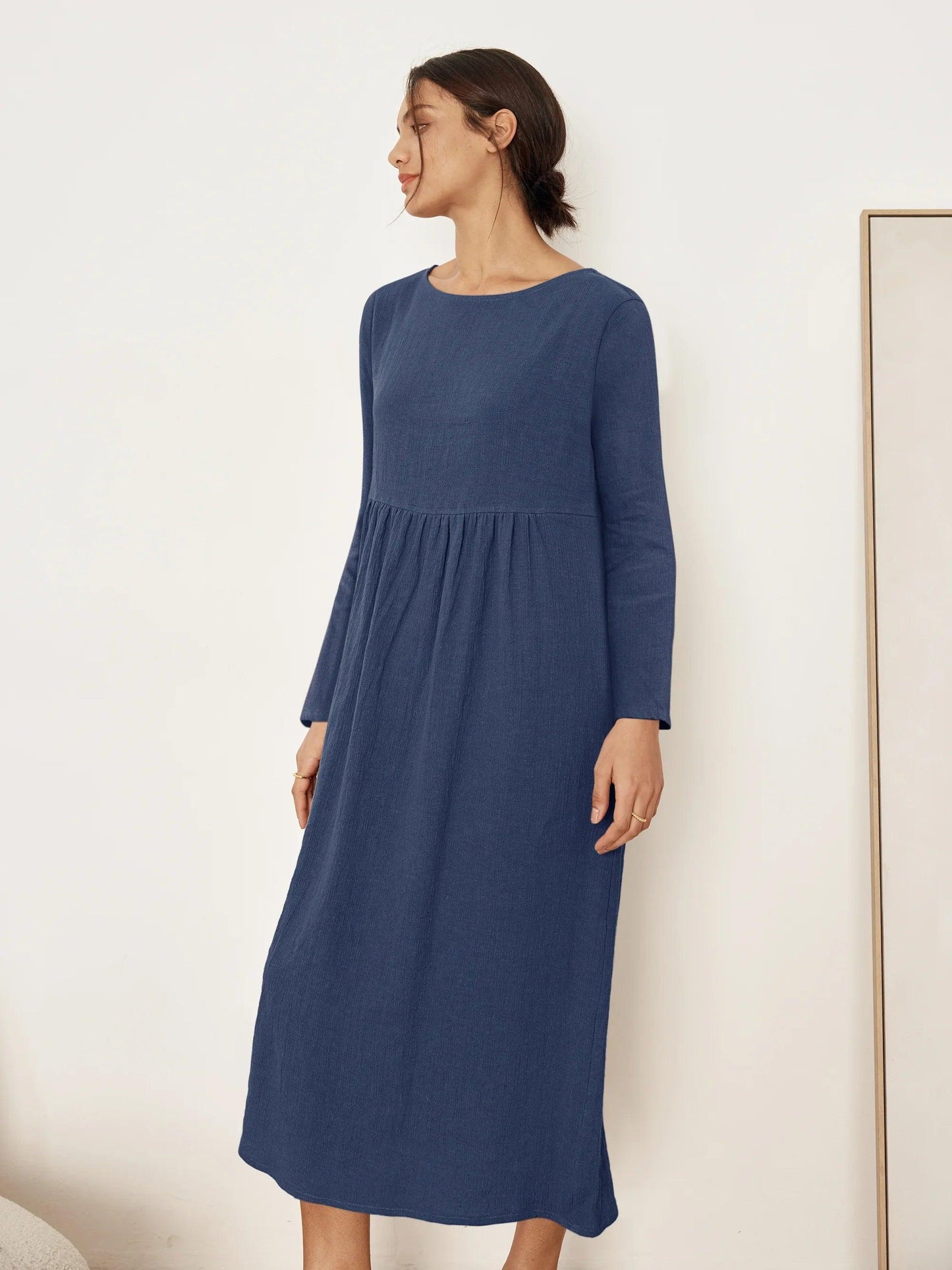 JANETTE 100% Linen Long-Sleeve Pleated Maxi Dress