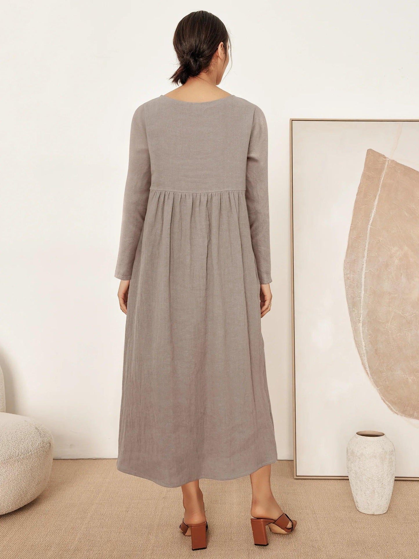 JANETTE 100% Linen Long-Sleeve Pleated Maxi Dress
