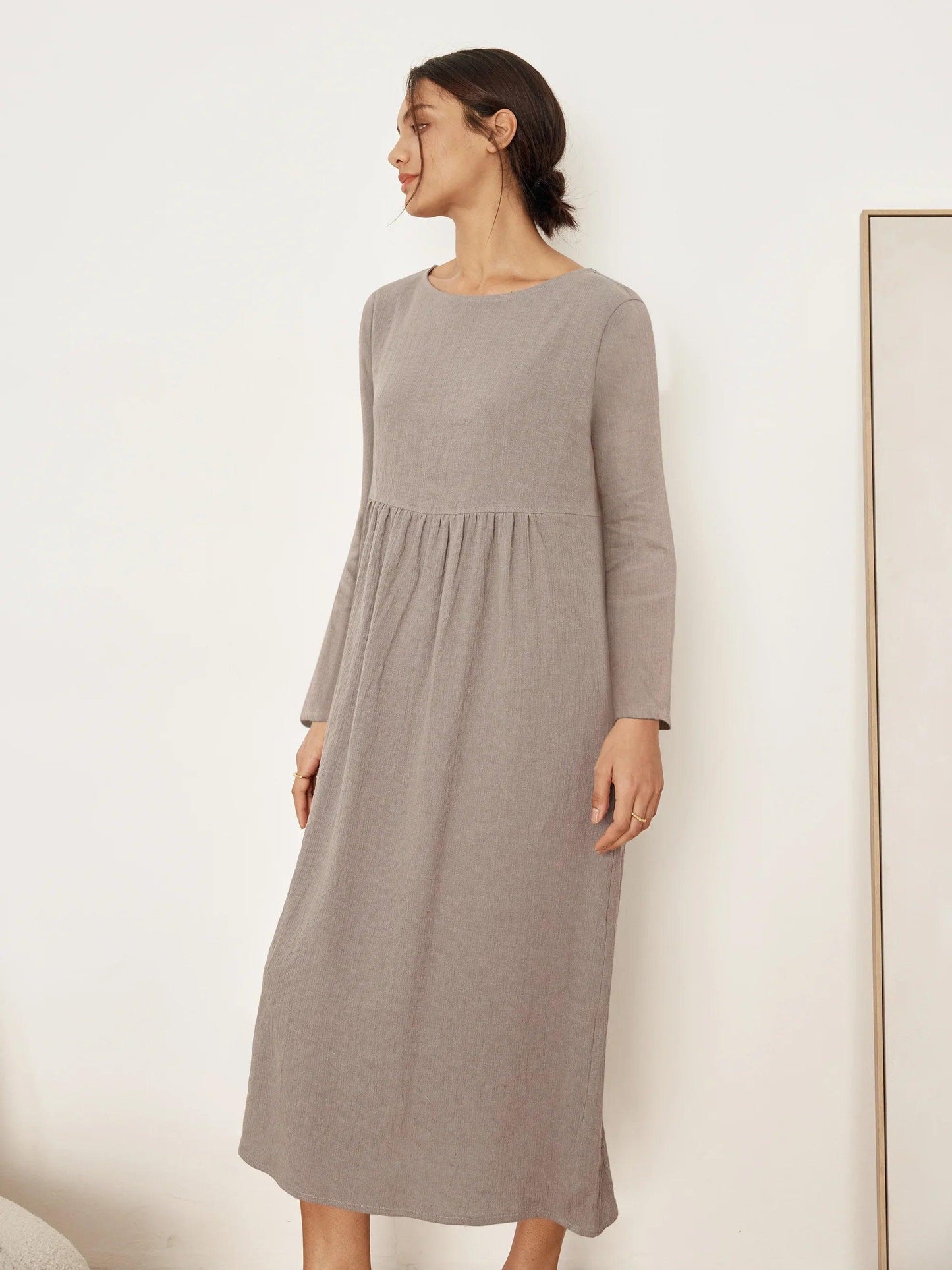 JANETTE 100% Linen Long-Sleeve Pleated Maxi Dress