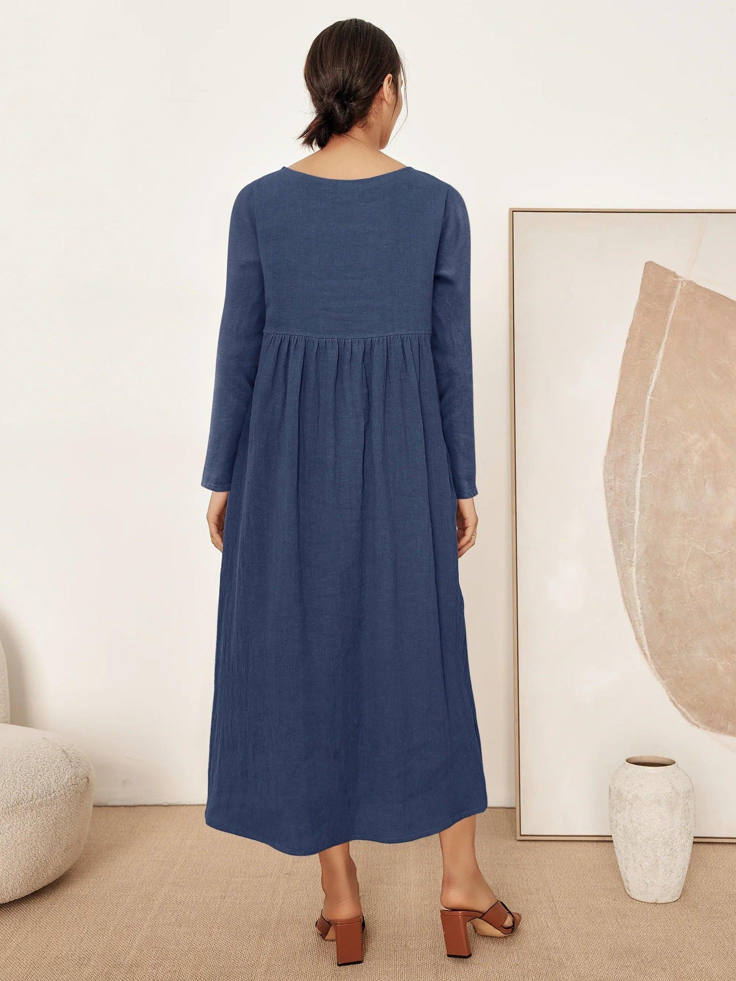 JANETTE 100% Linen Long-Sleeve Pleated Maxi Dress