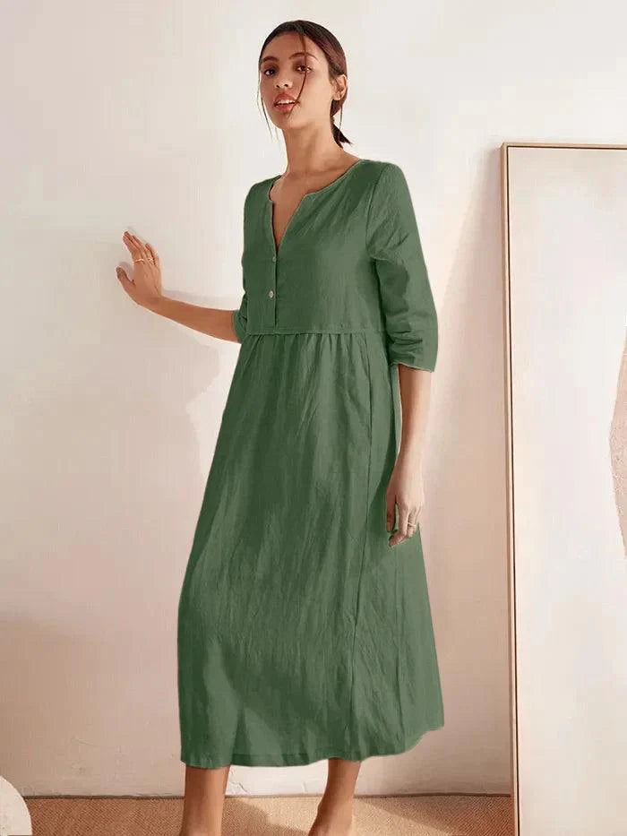 100% Linen Loose Fit Button Waist Gathered Maxi Dress LUNA