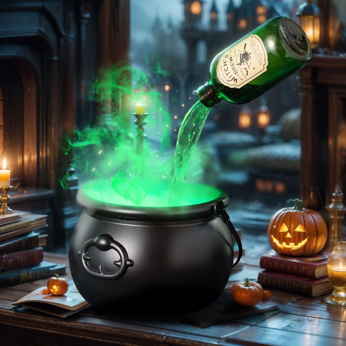 🔥Halloween Decorations Indoor Witches Cauldron with Magic Floating Potion Bottles & Fog Maker