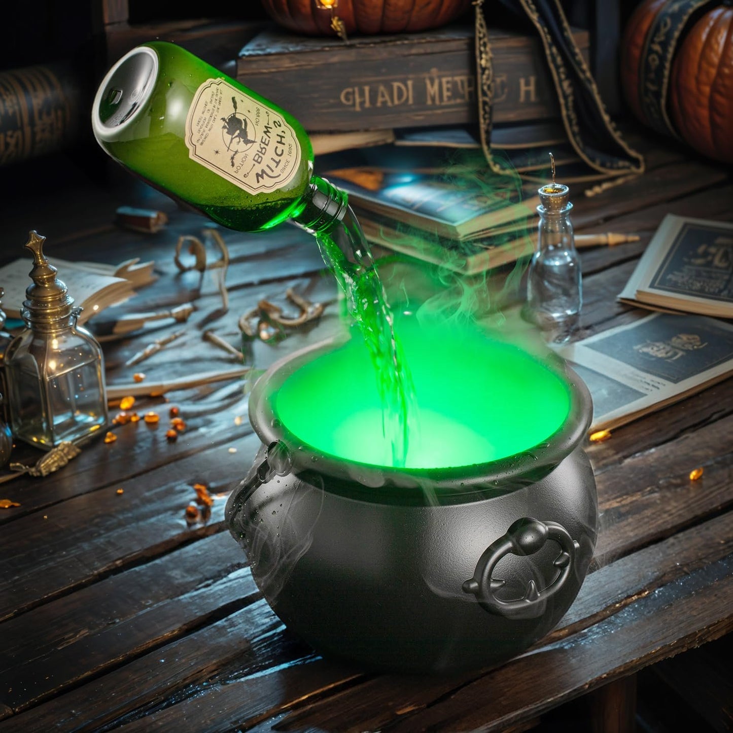 🔥Halloween Decorations Indoor Witches Cauldron with Magic Floating Potion Bottles & Fog Maker