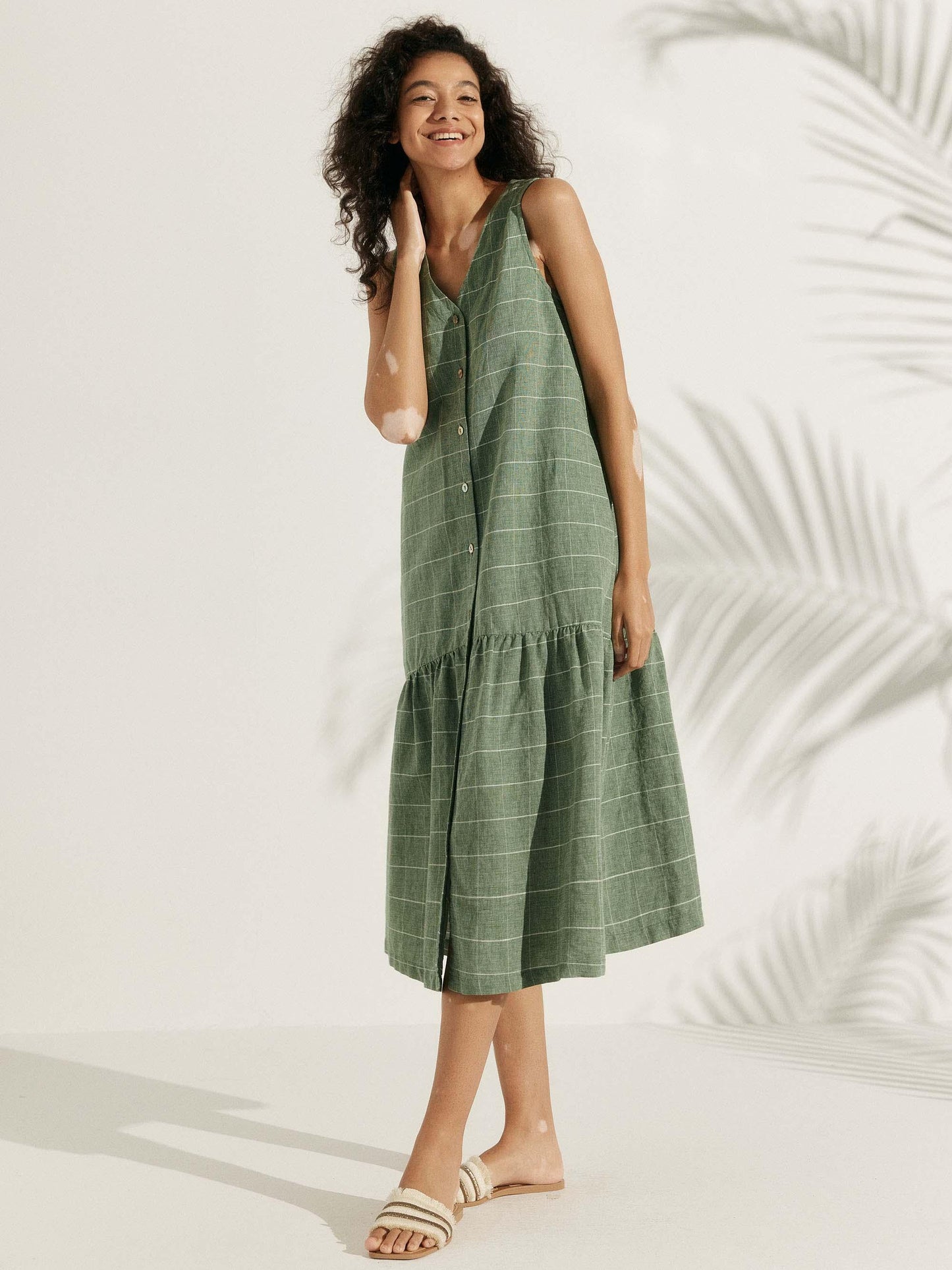 Linen Vacation Gingham Checked Sleeveless V-Neck Mid-Length Dress