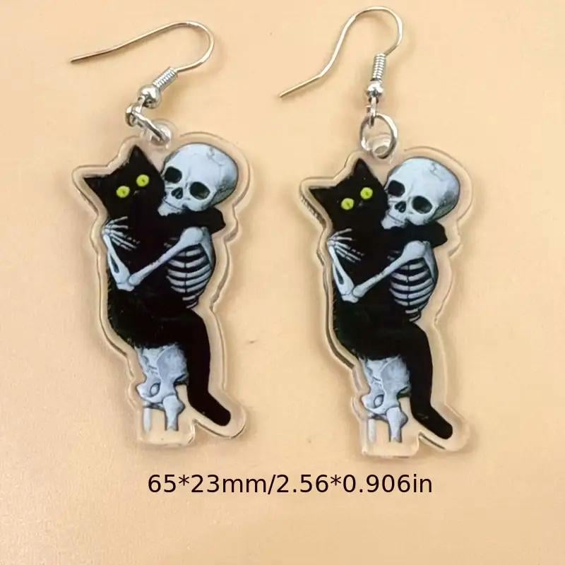 🖤 Skeleton & Black Cat Halloween Earrings