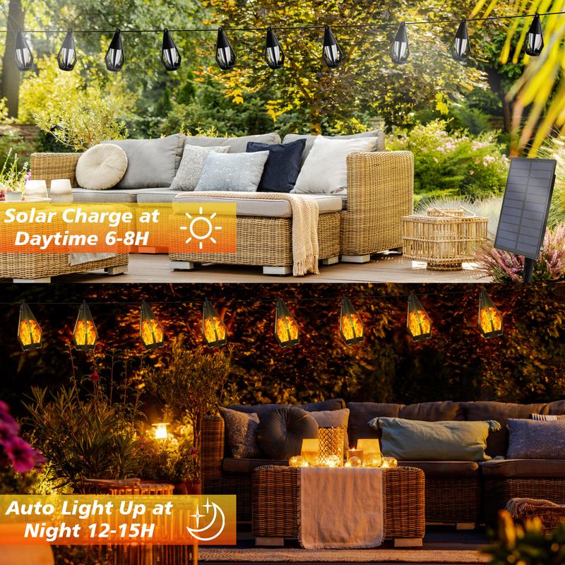 Outdoor Solar String Lights with 15 Flickering Flame Bulbs, Waterproof Warm White Solar Outdoor Lights for Garden Patio Gazebo Tavern Cafe Party Halloween Decoration
