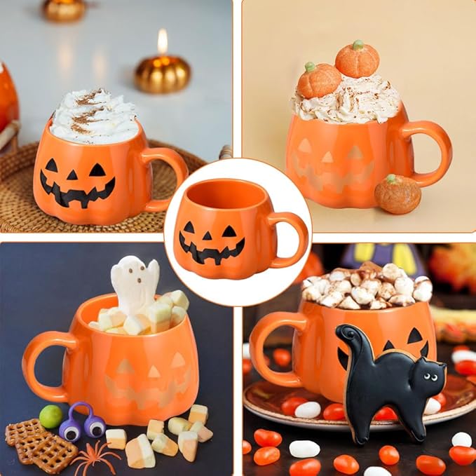 👻Halloween Mugs Set - Black Pumpkin & White Ghost Ceramic Coffee Cups 🎃