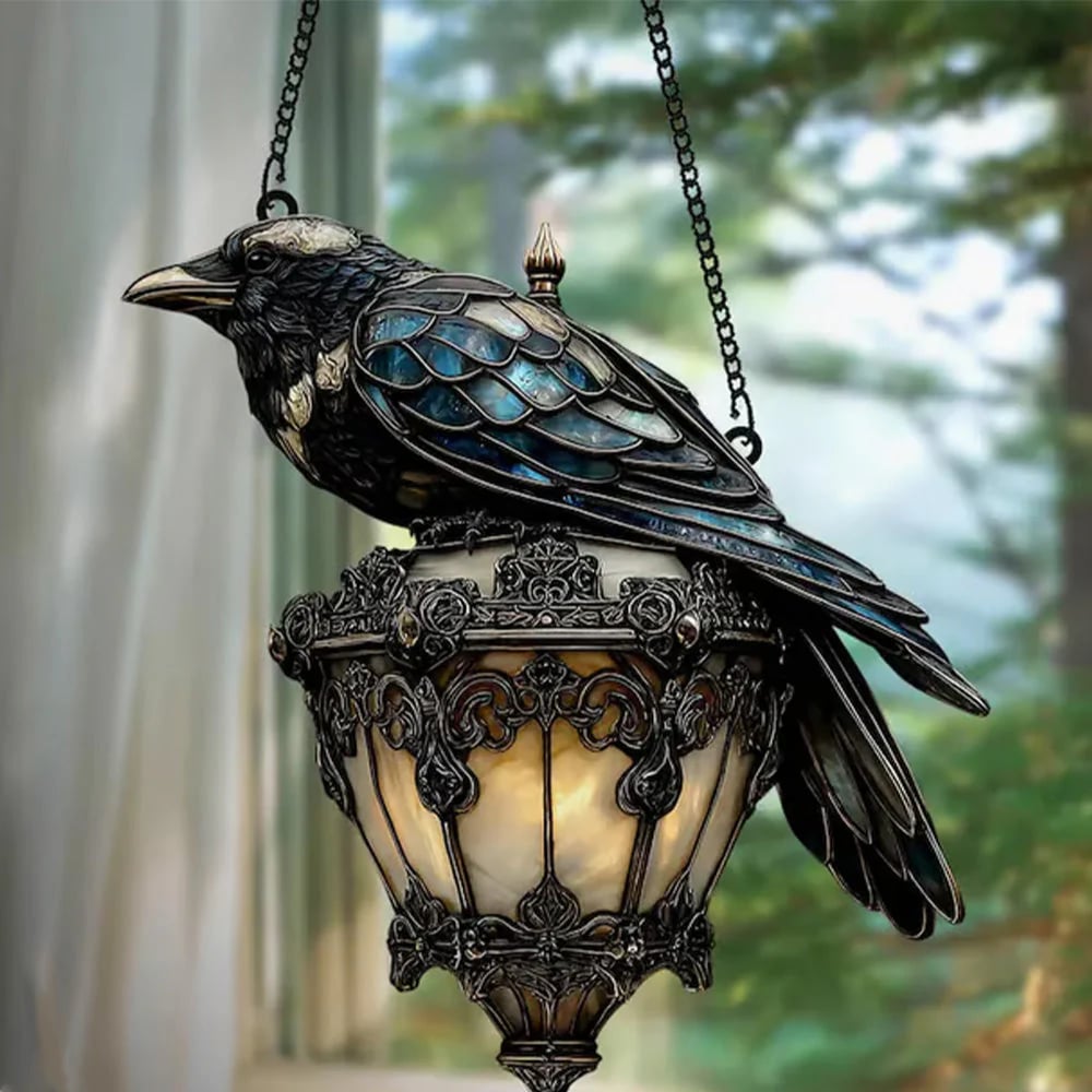 🐦⬛Exquisite Black Crow Lantern Decorative Suncatcher – Faux Stained Halloween Crow(3D)