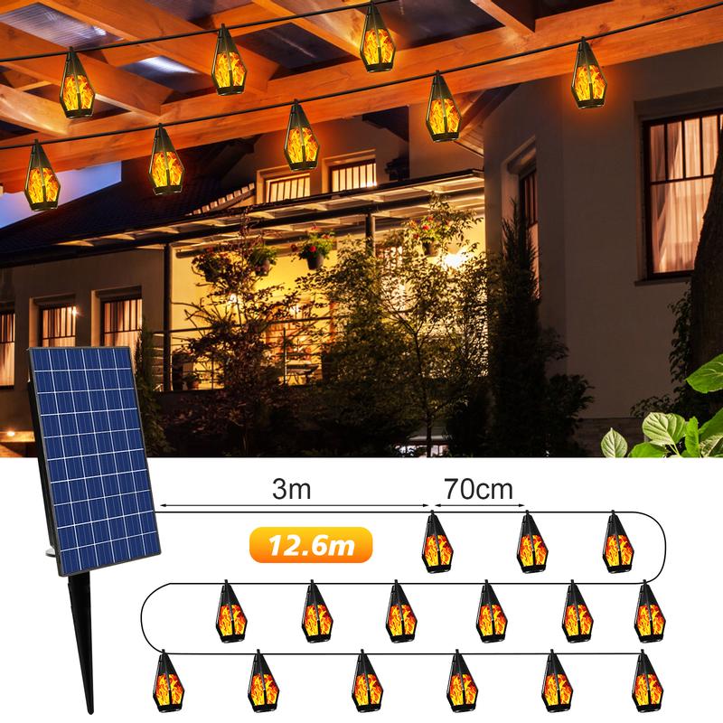 Outdoor Solar String Lights with 15 Flickering Flame Bulbs, Waterproof Warm White Solar Outdoor Lights for Garden Patio Gazebo Tavern Cafe Party Halloween Decoration