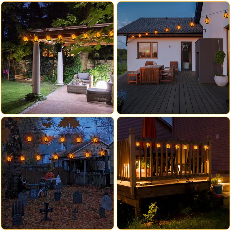 Outdoor Solar String Lights with 15 Flickering Flame Bulbs, Waterproof Warm White Solar Outdoor Lights for Garden Patio Gazebo Tavern Cafe Party Halloween Decoration