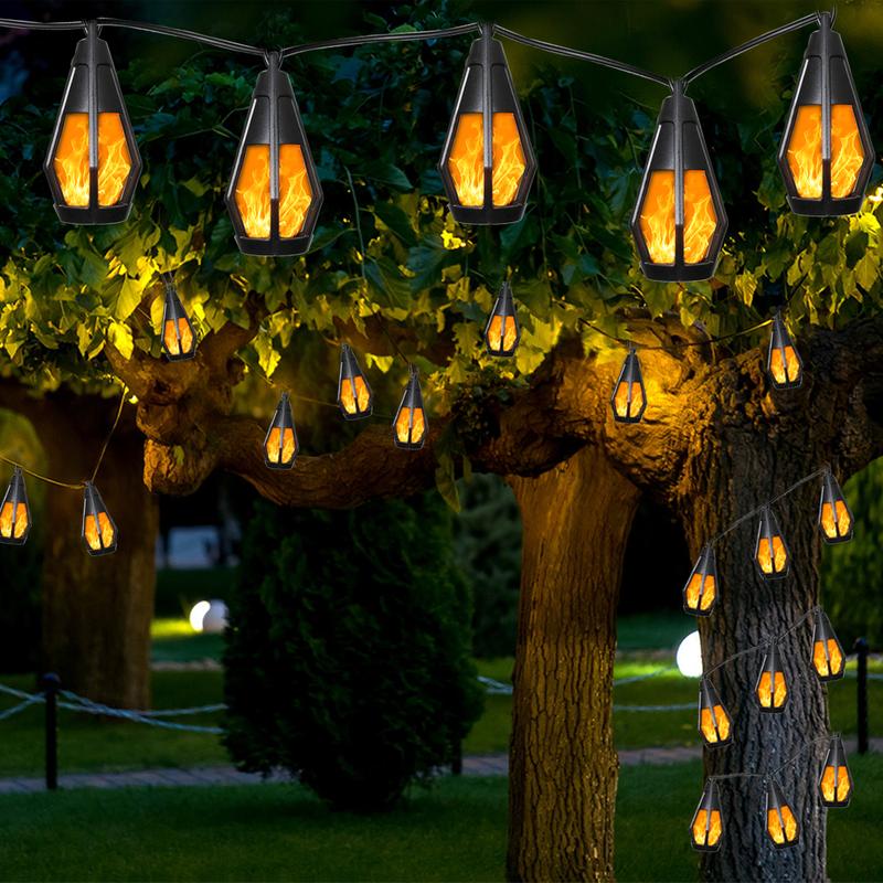 Outdoor Solar String Lights with 15 Flickering Flame Bulbs, Waterproof Warm White Solar Outdoor Lights for Garden Patio Gazebo Tavern Cafe Party Halloween Decoration