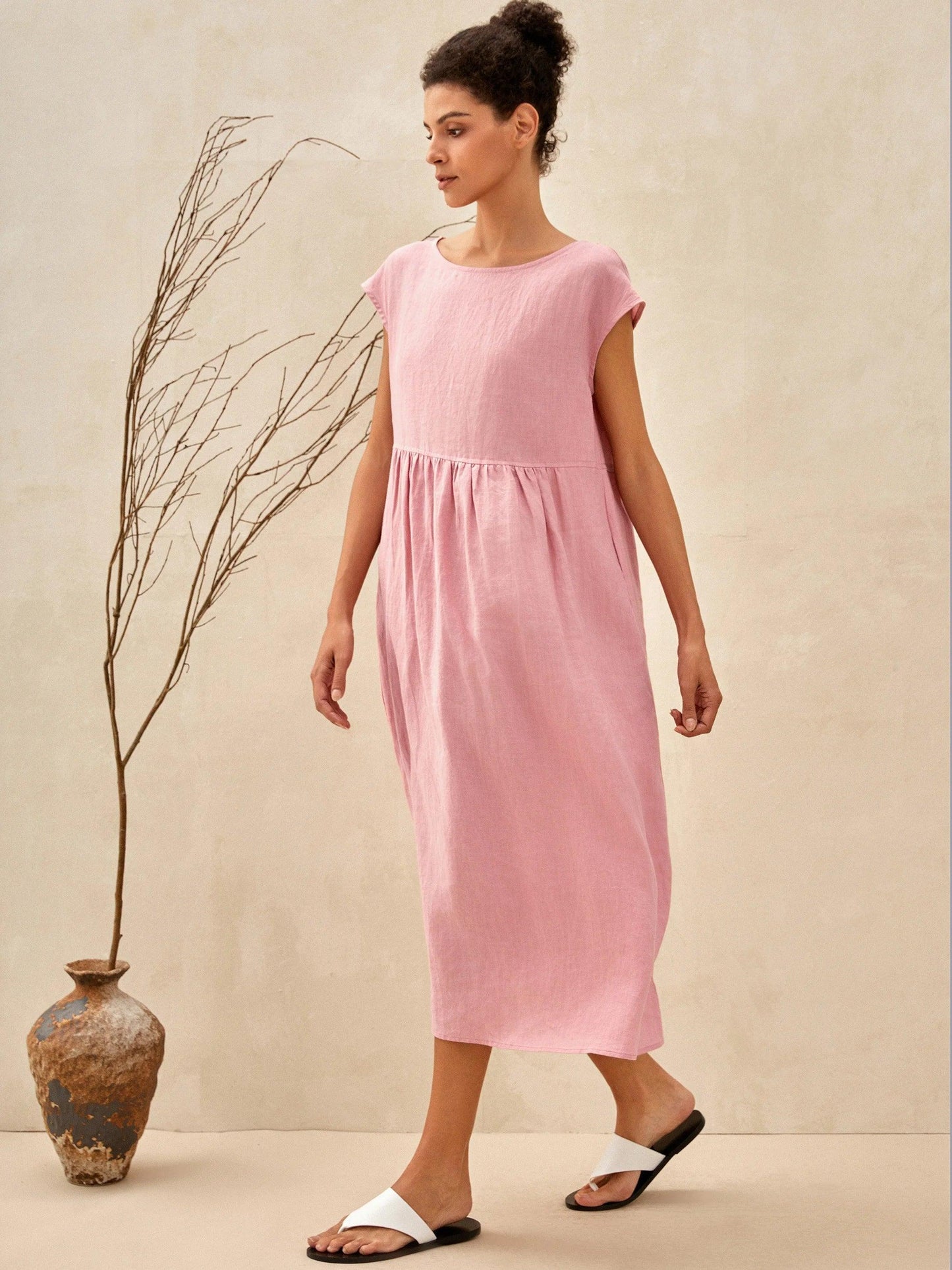 100% Linen Cap Sleeve Washed Maxi Dress JOAN