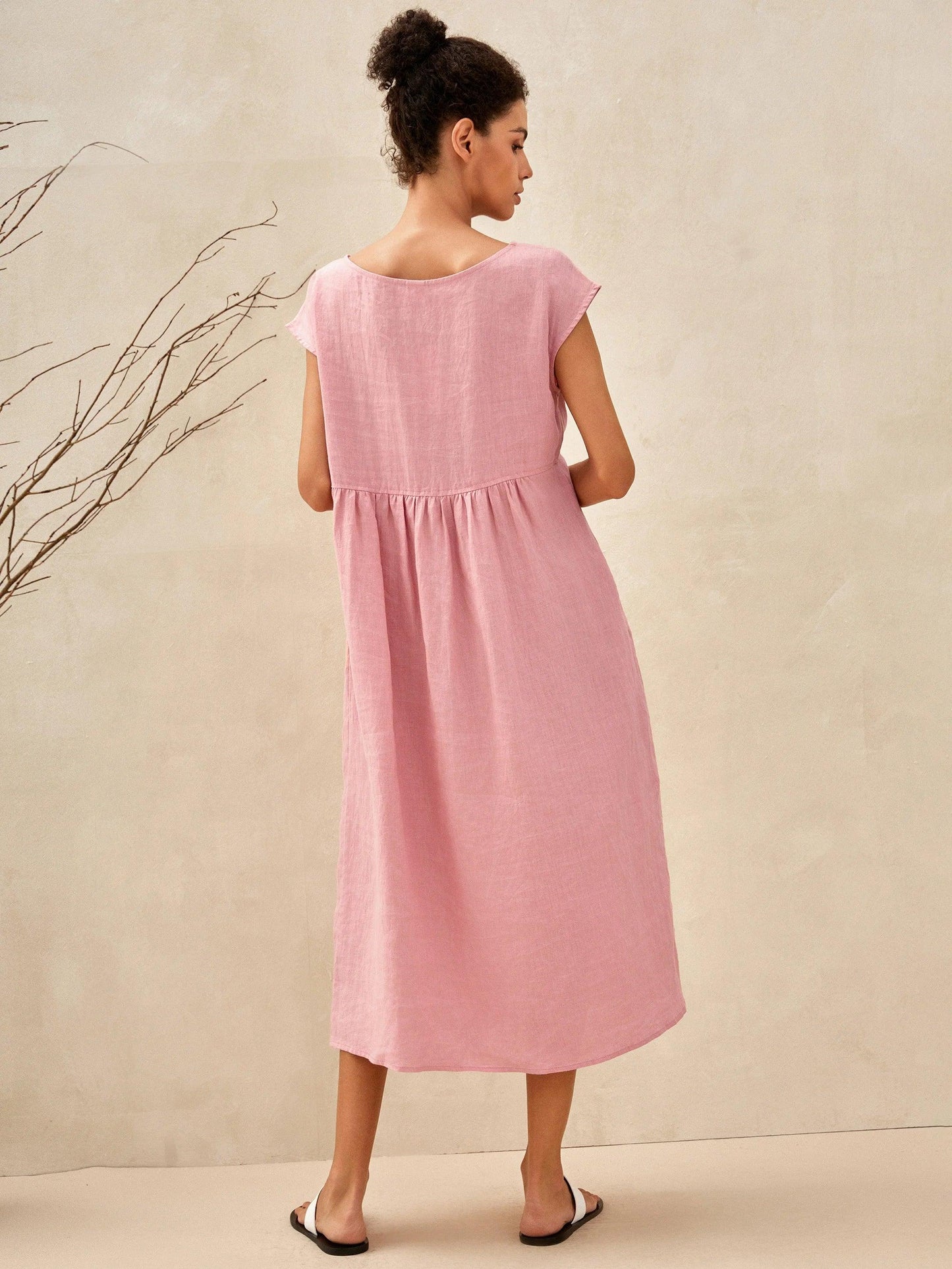 100% Linen Cap Sleeve Washed Maxi Dress JOAN