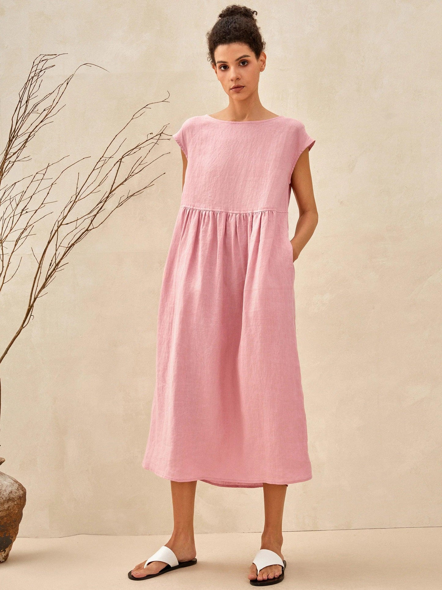100% Linen Cap Sleeve Washed Maxi Dress JOAN