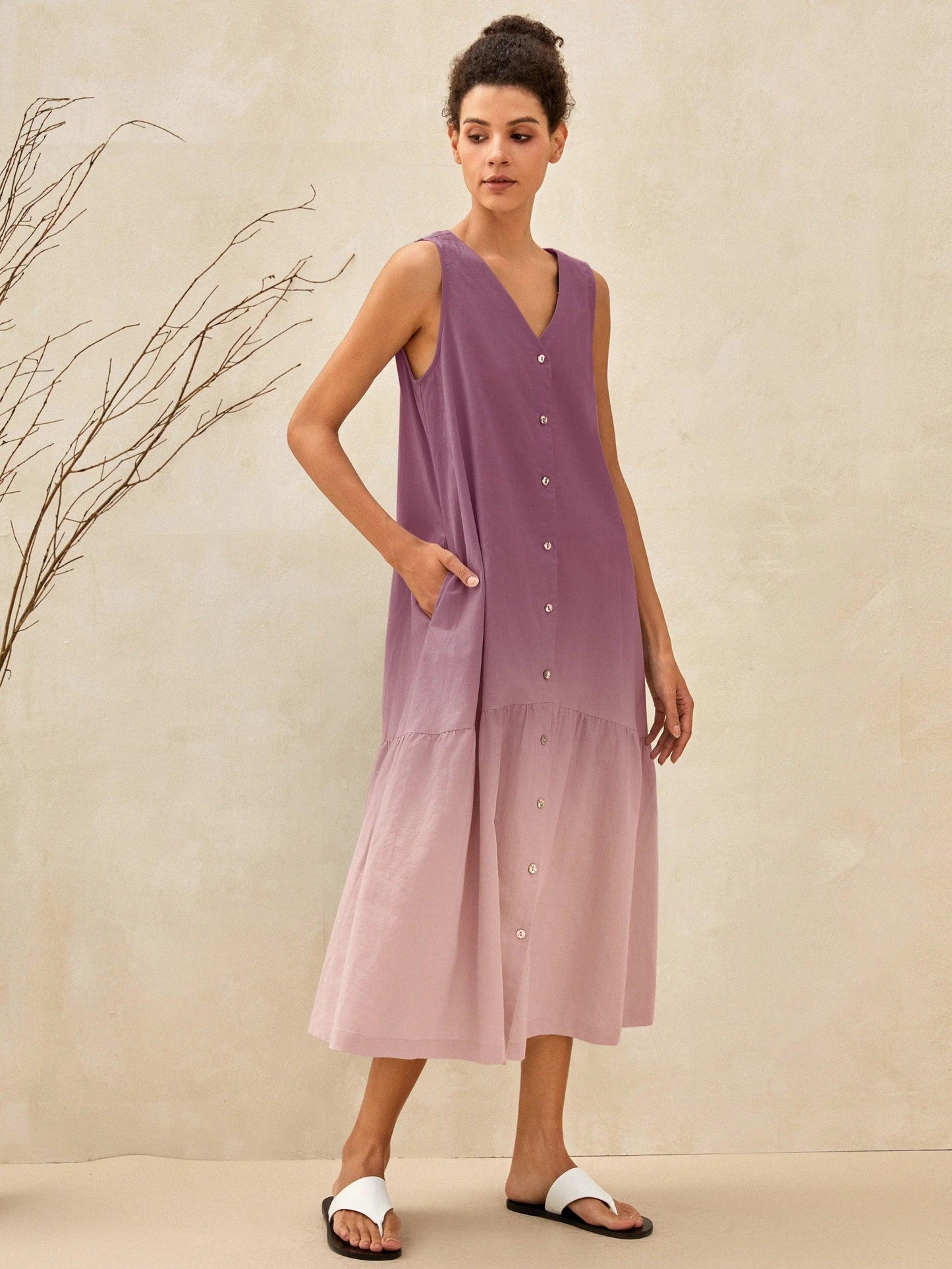 Linen Vacation Gingham Sleeveless V-Neck Mid-Length Dress