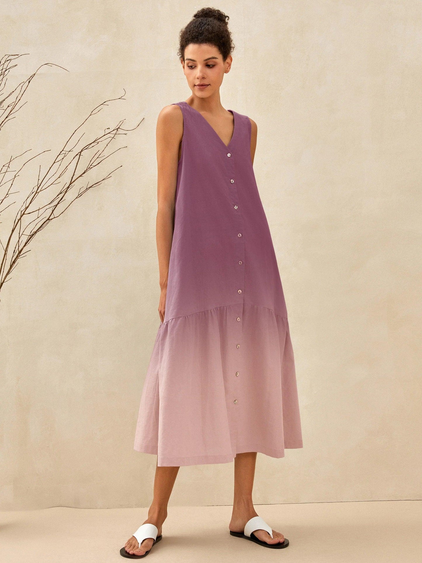 Linen Vacation Gingham Checked Sleeveless V-Neck Mid-Length Dress