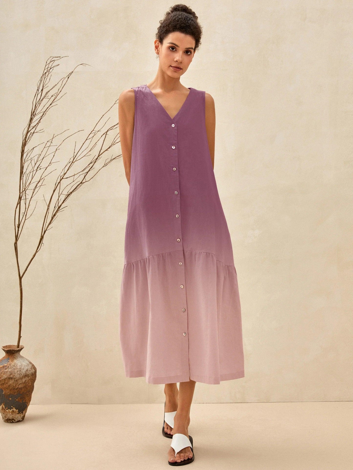 Linen Vacation Gingham Sleeveless V-Neck Mid-Length Dress