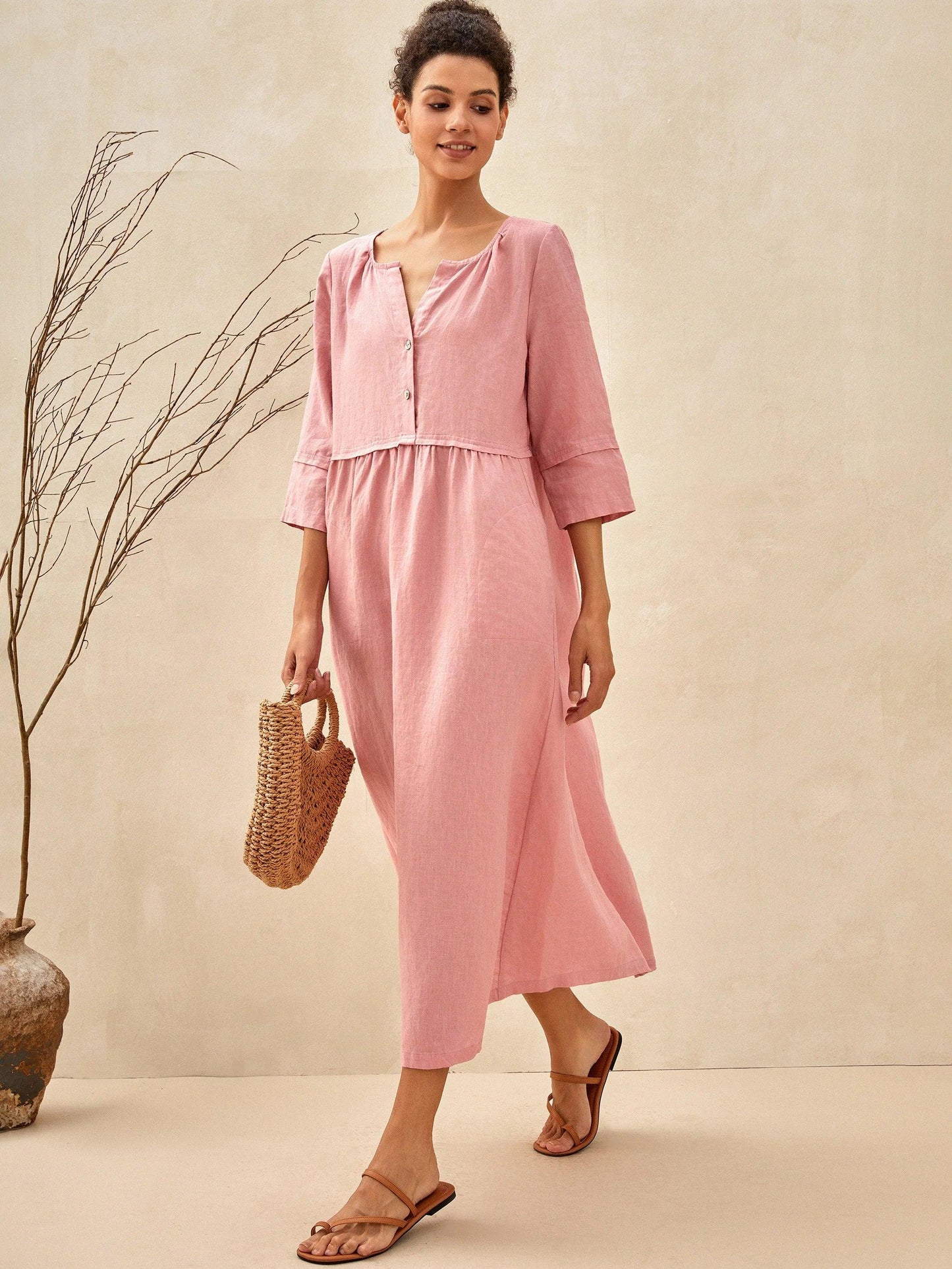 100% Linen Loose Fit Button Waist Gathered Maxi Dress LUNA