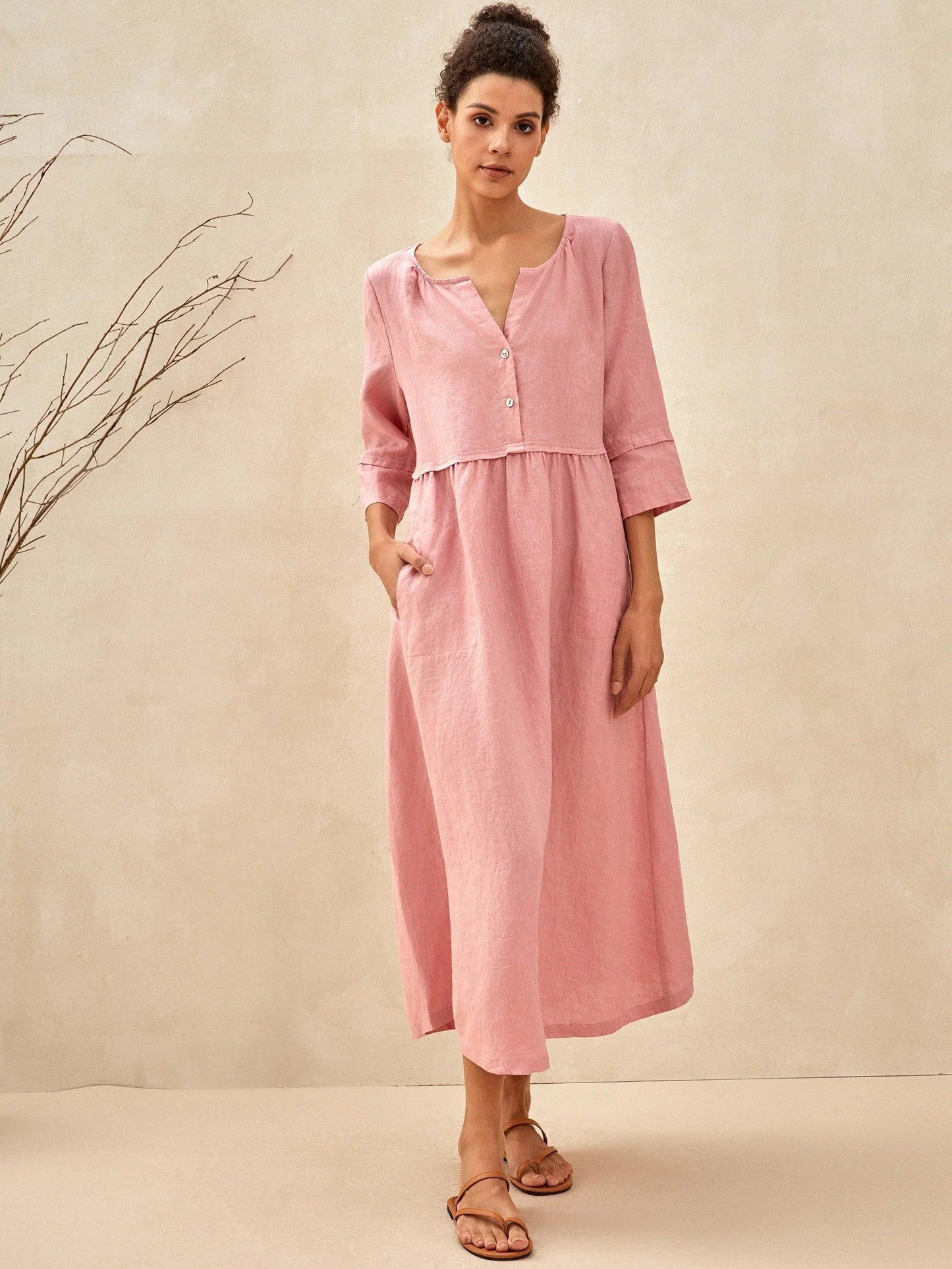 100% Linen Loose Fit Button Waist Gathered Maxi Dress LUNA