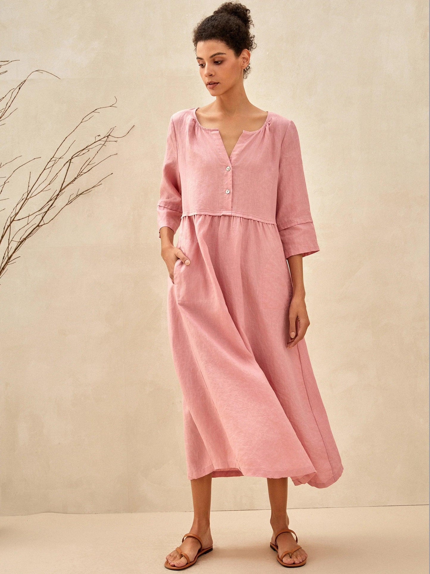 100% Linen Loose Fit Button Waist Gathered Maxi Dress LUNA