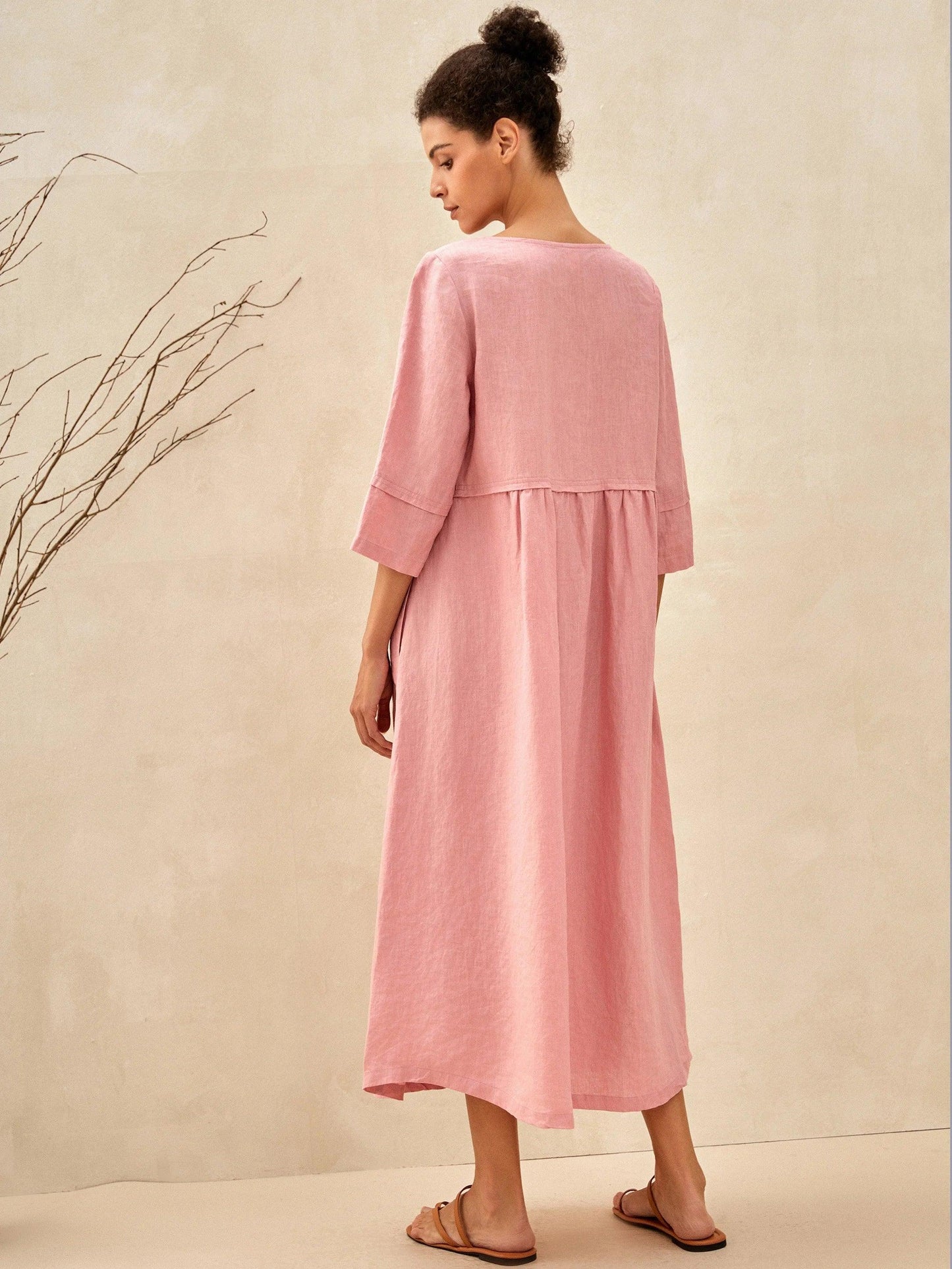 100% Linen Loose Fit Button Waist Gathered Maxi Dress LUNA