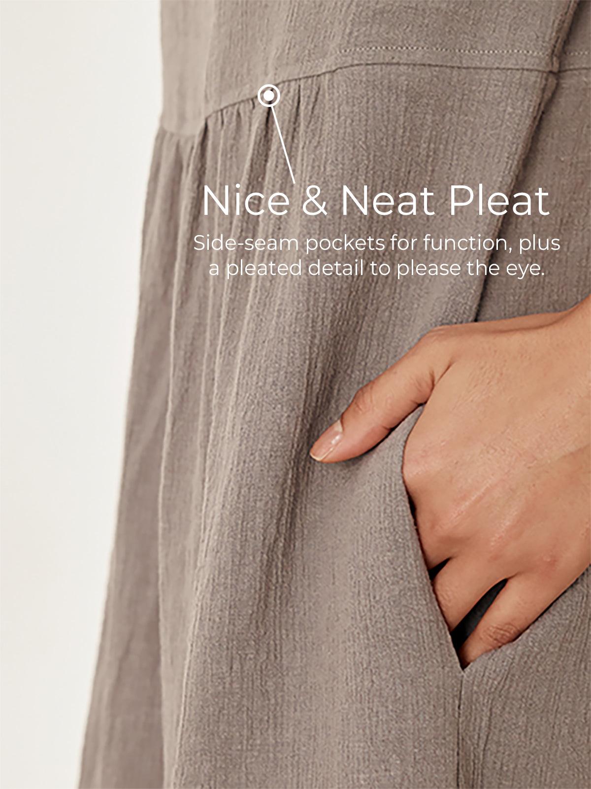 JANETTE 100% Linen Long-Sleeve Pleated Maxi Dress