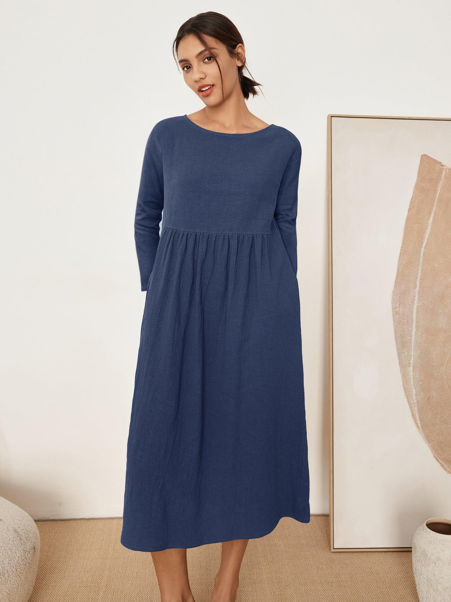 JANETTE 100% Linen Long-Sleeve Pleated Maxi Dress