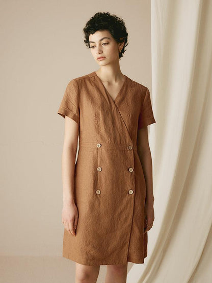 100% Linen V-Neck Double-Breasted Mini Dress COCOA