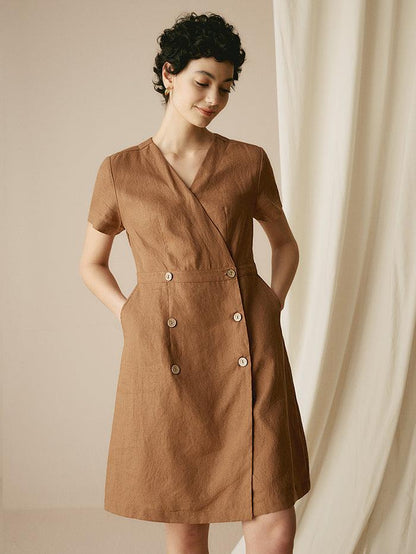 100% Linen V-Neck Double-Breasted Mini Dress COCOA
