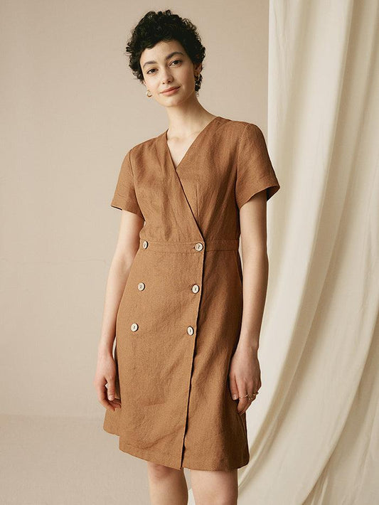 100% Linen V-Neck Double-Breasted Mini Dress COCOA