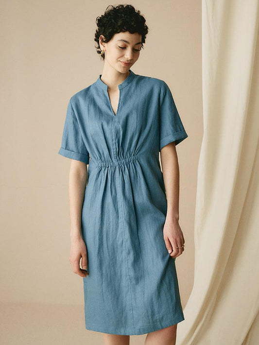 100% Linen V-Neck Elastic Waistband Dress