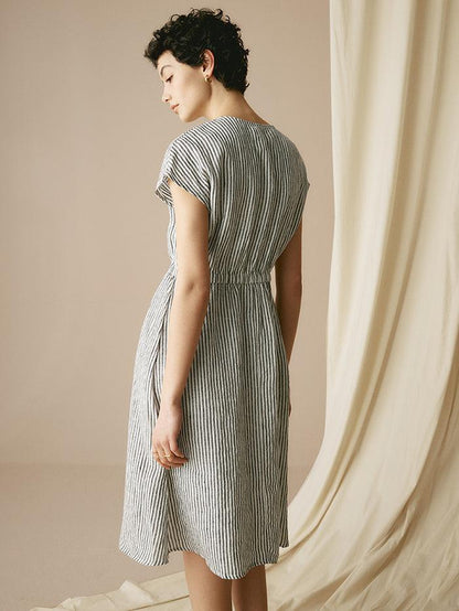 100% Linen Striped Elastic-Waist Midi Dress ARIA