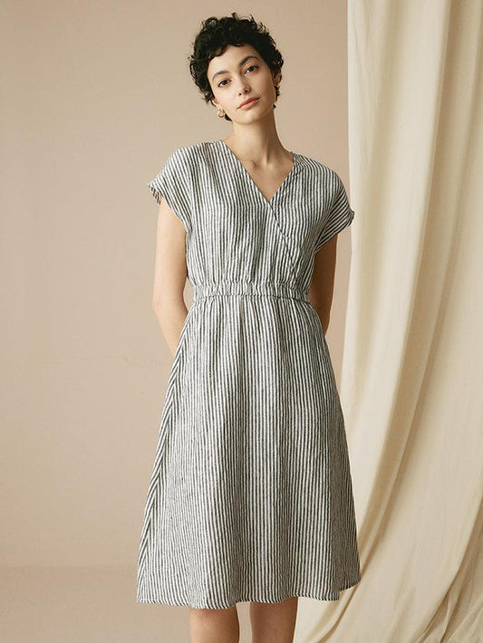 100% Linen Striped Elastic-Waist Midi Dress ARIA