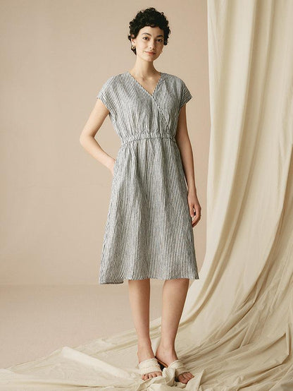 100% Linen Striped Elastic-Waist Midi Dress ARIA