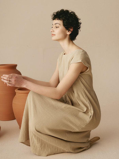 100% Linen Cap Sleeve Washed Maxi Dress