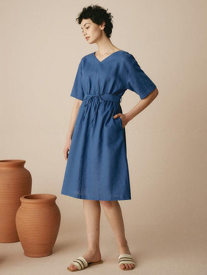 Linen V-Neck Belted Dress SERENA