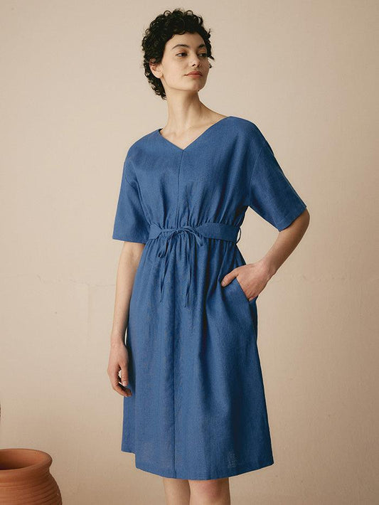 Linen V-Neck Belted Dress SERENA