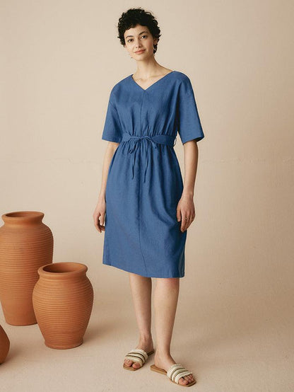 Linen V-Neck Belted Dress SERENA