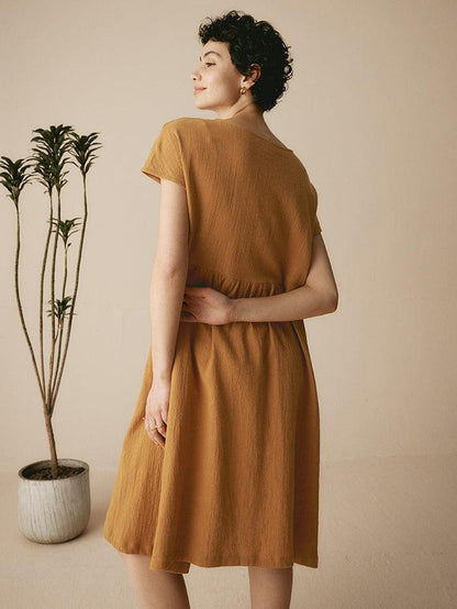 Linen Cap-Sleeve Textured Washed Midi Dress ALICE