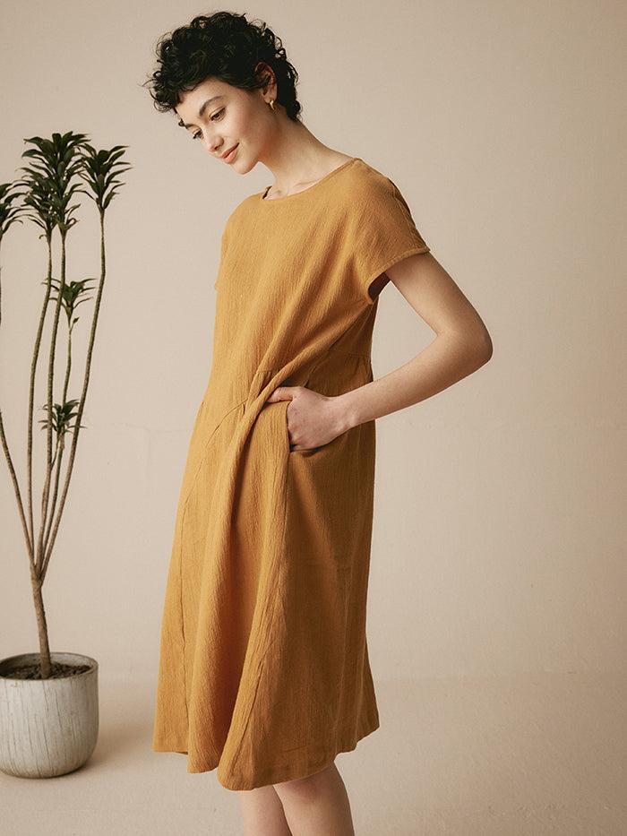 Linen Cap-Sleeve Textured Washed Midi Dress ALICE