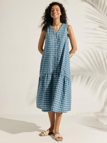 Linen Vacation Gingham Sleeveless V-Neck Mid-Length Dress