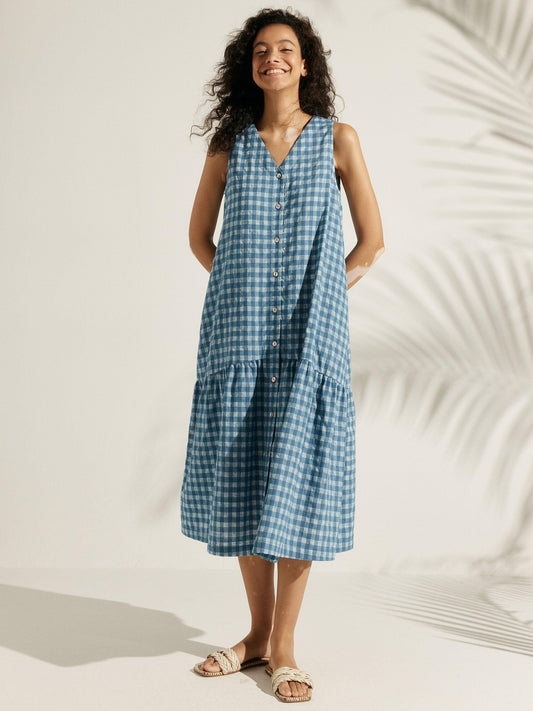 Linen Vacation Gingham Checked Sleeveless V-Neck Mid-Length Dress